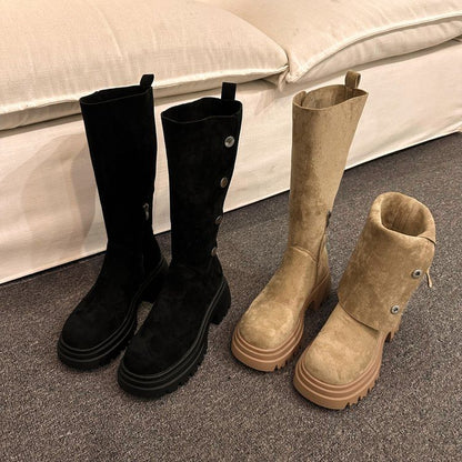 Button Suede Faux Boots Mid Calf Platform