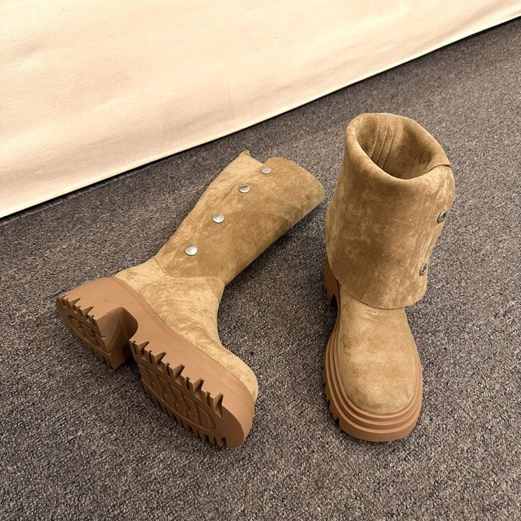 Button Suede Faux Boots Mid Calf Platform