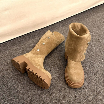 Button Suede Faux Boots Mid Calf Platform