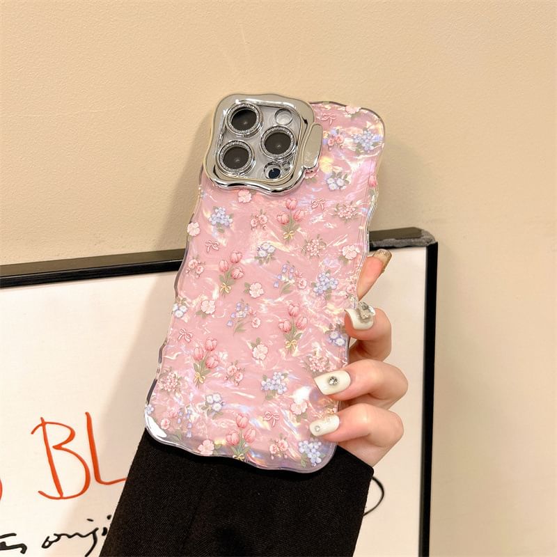 Floral Shell Pattern Phone Case With Holder For  iPhone 16, 16 Plus, 16 Pro, 16 Pro Max, 15, 15 Pro, 15 Pro Max, 14, 14 Plus, 14 Pro, 14 Pro Max, 13, 13 Pro, 13 Pro Max