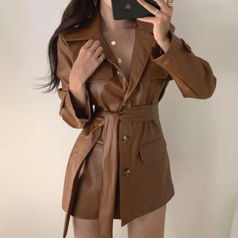 Long Sleeve Collared Plain Faux Leather Button Belted Shirt Dress