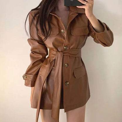 Long Sleeve Collared Plain Faux Leather Button Belted Shirt Dress