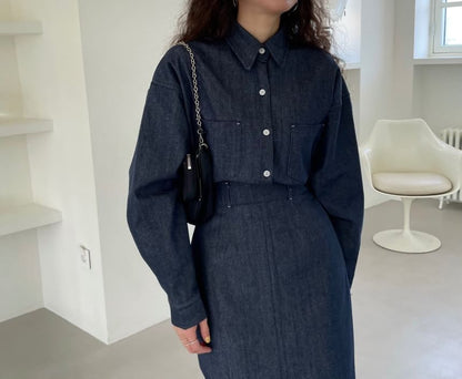 Collared Drop Shoulder Denim Shirt / High Waist Plain Midi A-Line Skirt