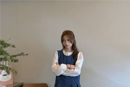 Long-Sleeve Round Neck Plain Blouse / Washed Denim Maxi Dungaree Dress / Crossbody Bag / Set