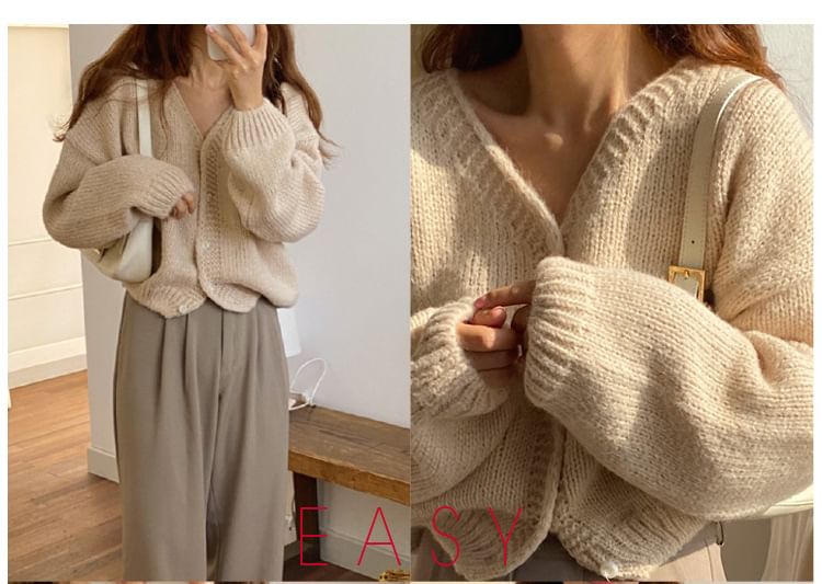 Bubble-Sleeve V-Neck Cardigan