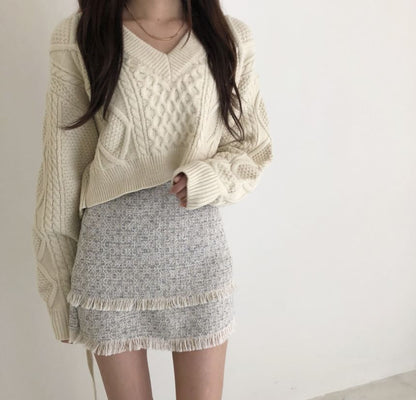 Tie-Back Cable-Knit V-Neck Sweater