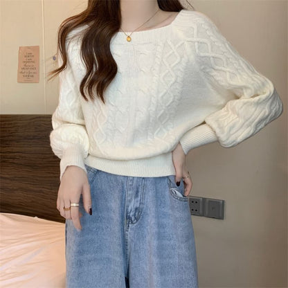 Square-Neck Cable-Knit Loose Sweater in 13 Colors