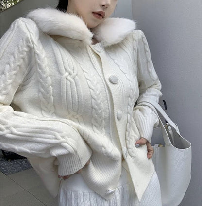 Faux Fur-Collar Cable-Knit Cardigan in 6 Colors