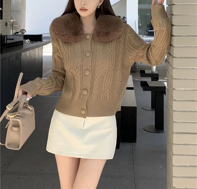 Faux Fur-Collar Cable-Knit Cardigan in 6 Colors