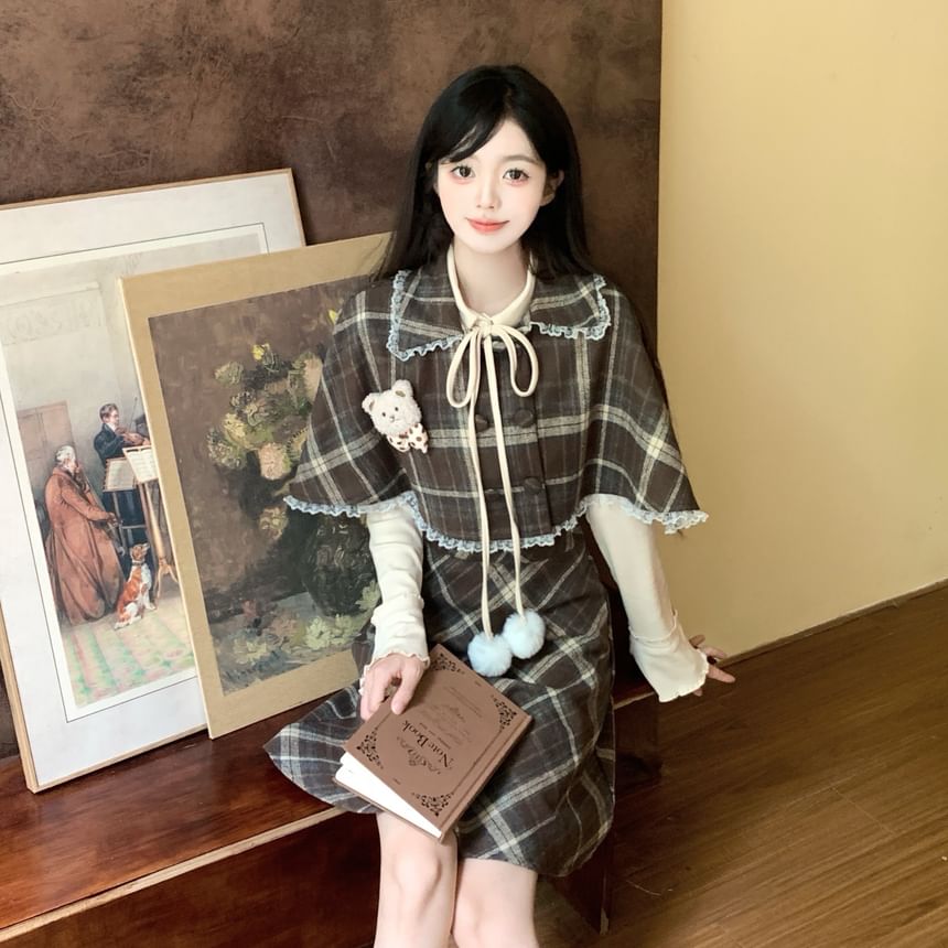 Long Sleeve Plaid Mock Two Piece A-Line Dress / Plaid Cape / Set