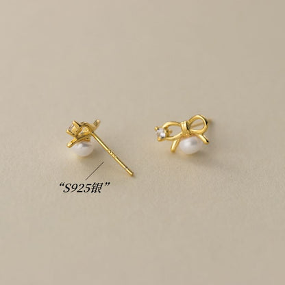 S925 Sterling Silver Bow Rhinestone Faux Pearl Stud Earring