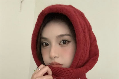 Plain Cable Scarf Hooded Knit