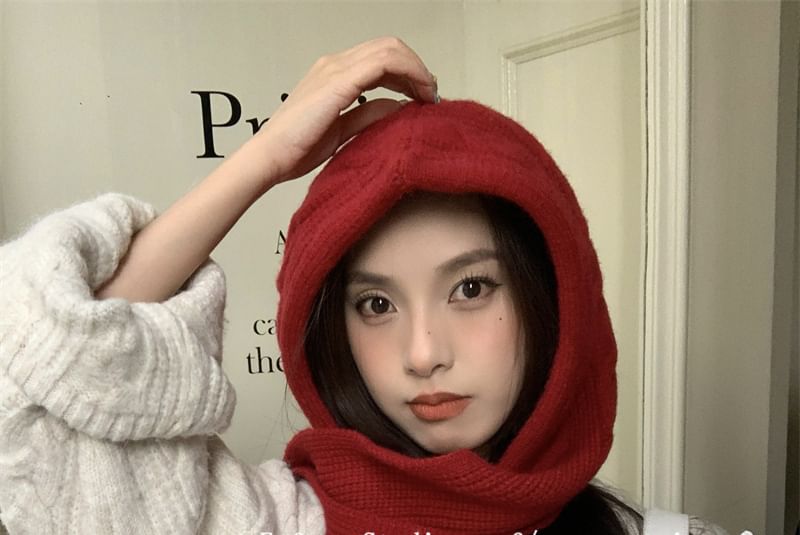 Plain Cable Scarf Hooded Knit