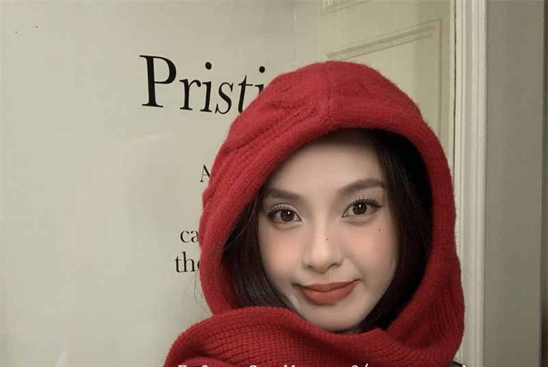 Plain Cable Scarf Hooded Knit
