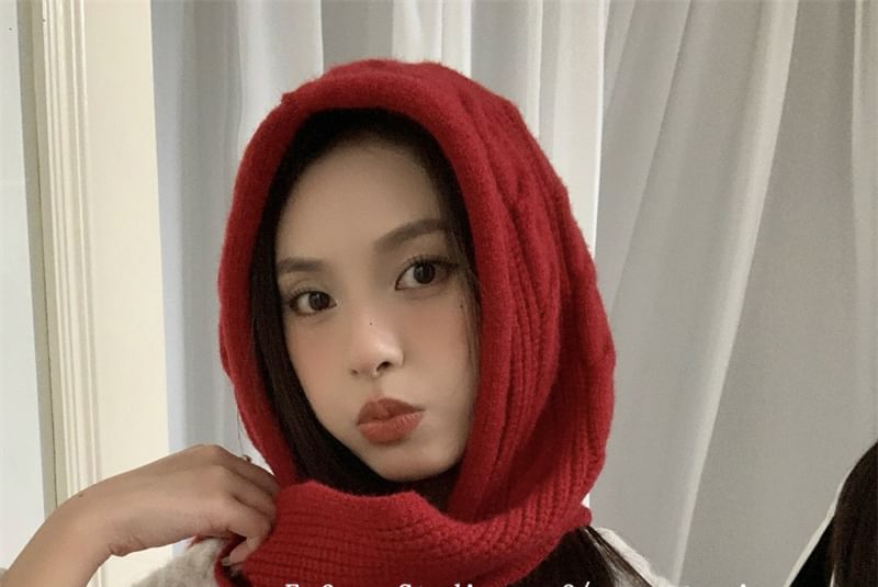 Plain Cable Scarf Hooded Knit