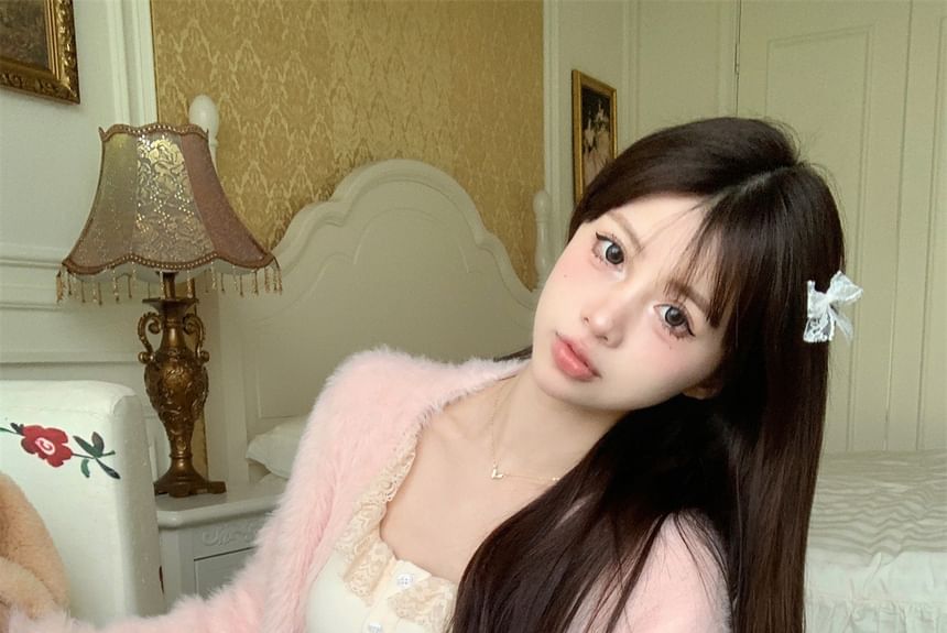 Fluffy Mini Top High A-Line Open Skirt Cardigan Plain Trim / Lace Front Cami Waist Ruffle