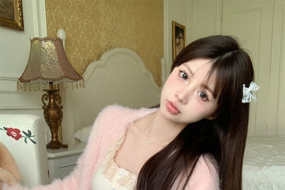 Fluffy Mini Top High A-Line Open Skirt Cardigan Plain Trim / Lace Front Cami Waist Ruffle