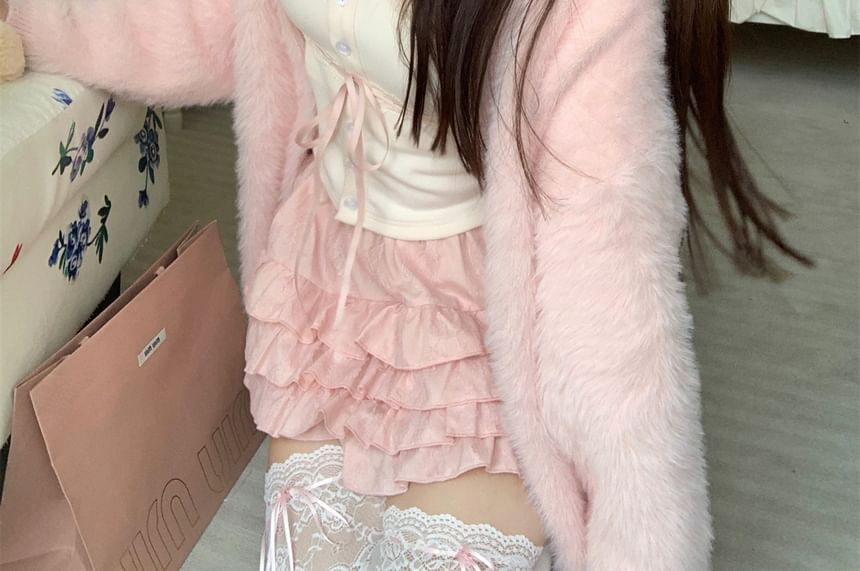 Fluffy Mini Top High A-Line Open Skirt Cardigan Plain Trim / Lace Front Cami Waist Ruffle