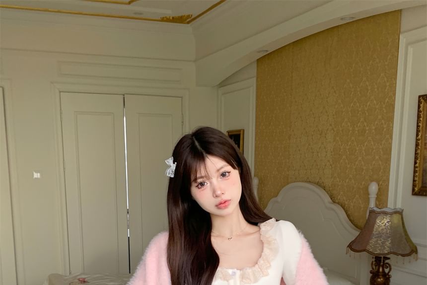 Fluffy Mini Top High A-Line Open Skirt Cardigan Plain Trim / Lace Front Cami Waist Ruffle