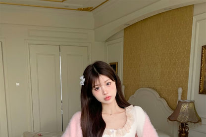 Fluffy Mini Top High A-Line Open Skirt Cardigan Plain Trim / Lace Front Cami Waist Ruffle