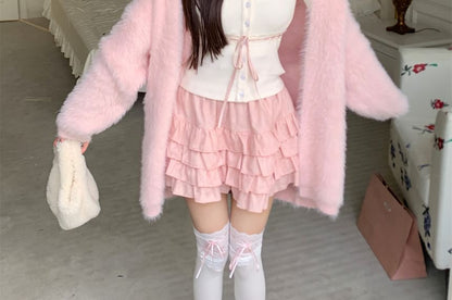 Fluffy Mini Top High A-Line Open Skirt Cardigan Plain Trim / Lace Front Cami Waist Ruffle