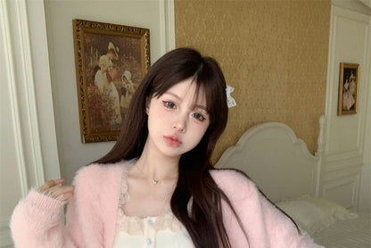 Fluffy Mini Top High A-Line Open Skirt Cardigan Plain Trim / Lace Front Cami Waist Ruffle