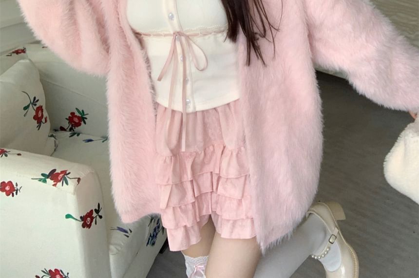 Fluffy Mini Top High A-Line Open Skirt Cardigan Plain Trim / Lace Front Cami Waist Ruffle