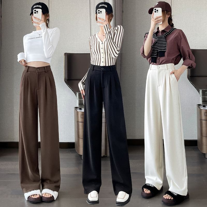 High Rise Plain Wide Leg Slacks