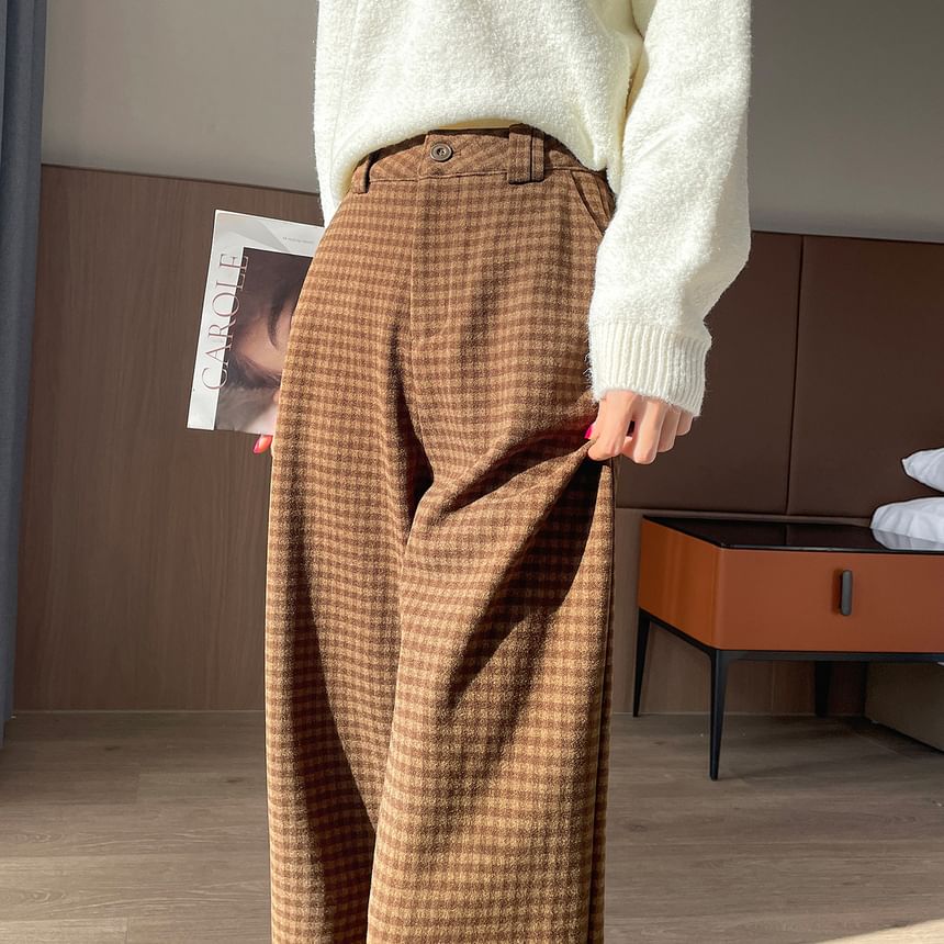 High Waist Plaid Cropped  Wide Leg Slacks