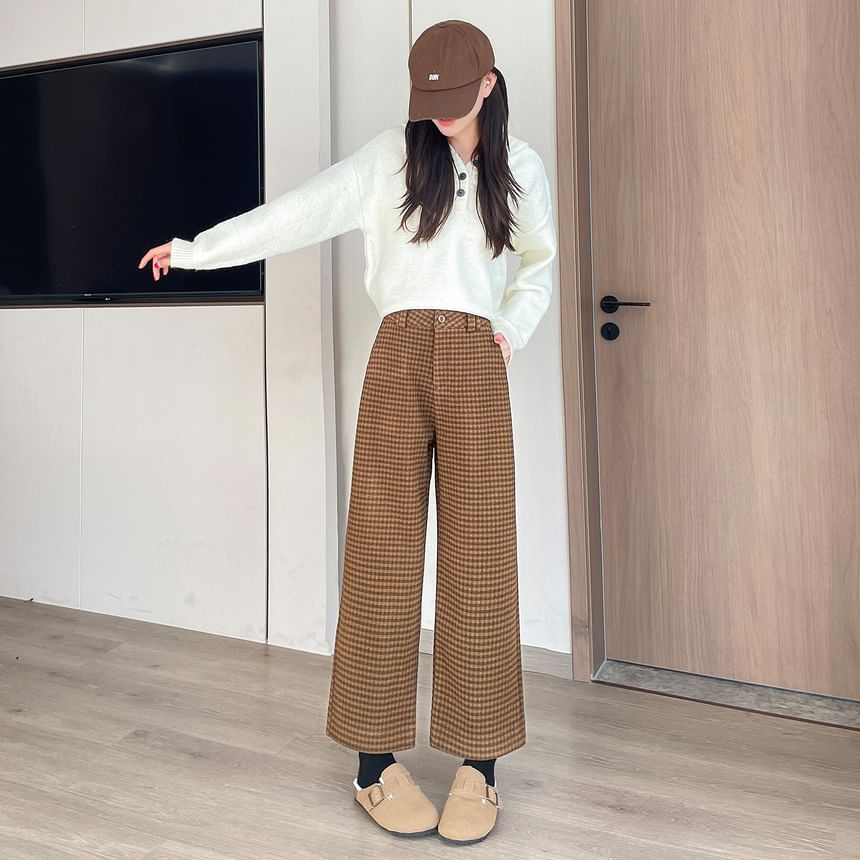 High Waist Plaid Cropped  Wide Leg Slacks