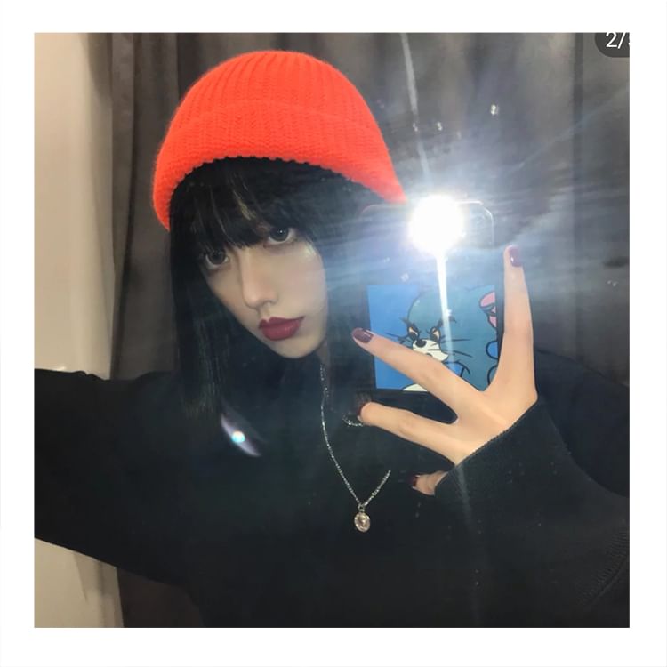 Beanie Ribbed Panel Plain Knit /