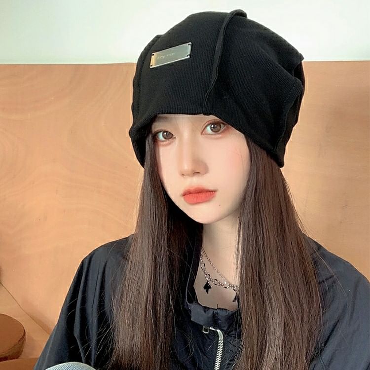 Beanie Ribbed Panel Plain Knit /