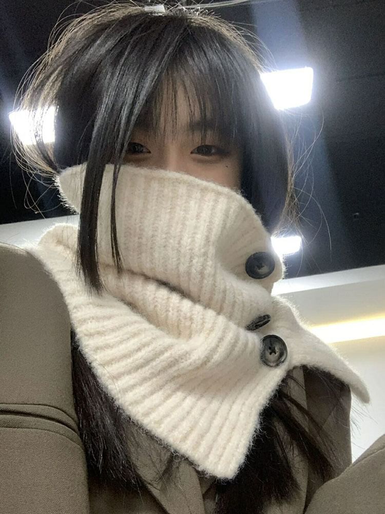 Ribbed Knit Scarf / Button Plain Plaid Snood