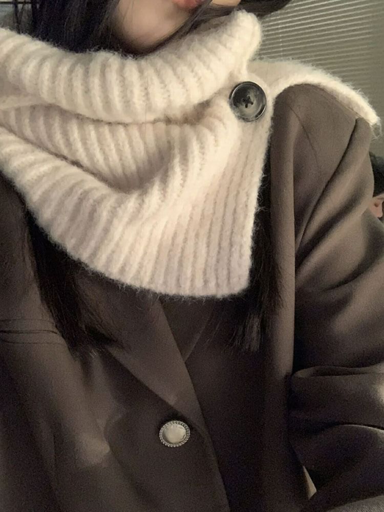 Ribbed Knit Scarf / Button Plain Plaid Snood