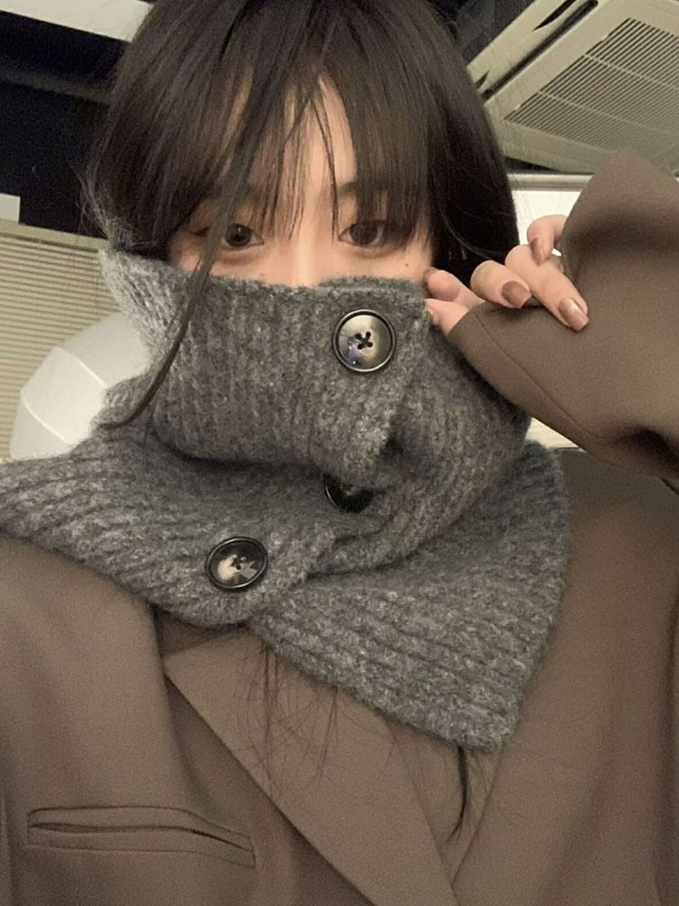 Ribbed Knit Scarf / Button Plain Plaid Snood