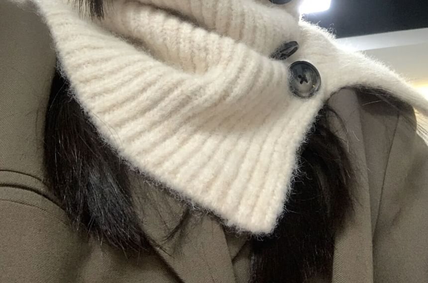 Ribbed Knit Scarf / Button Plain Plaid Snood