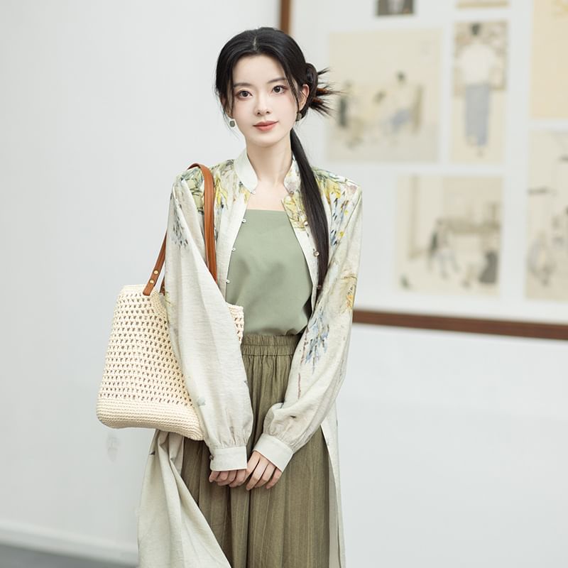 Hanfu Floral Long Cardigan / Plain Camisole Top / Wide Leg Pants / Set