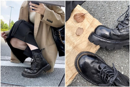 Plain Leather Platform Lace-Up Boots Genuine Short