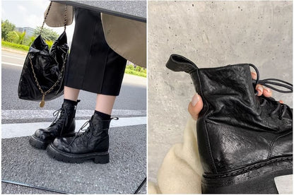 Plain Leather Platform Lace-Up Boots Genuine Short