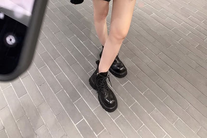Plain Leather Platform Lace-Up Boots Genuine Short