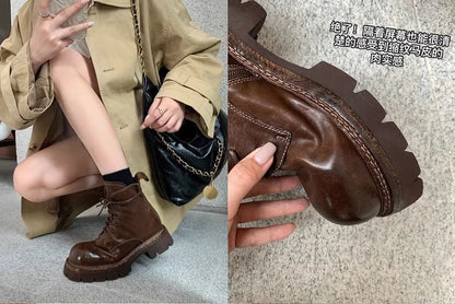 Plain Leather Platform Lace-Up Boots Genuine Short