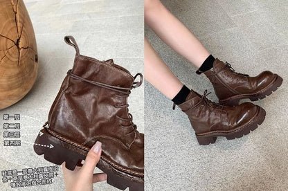 Plain Leather Platform Lace-Up Boots Genuine Short