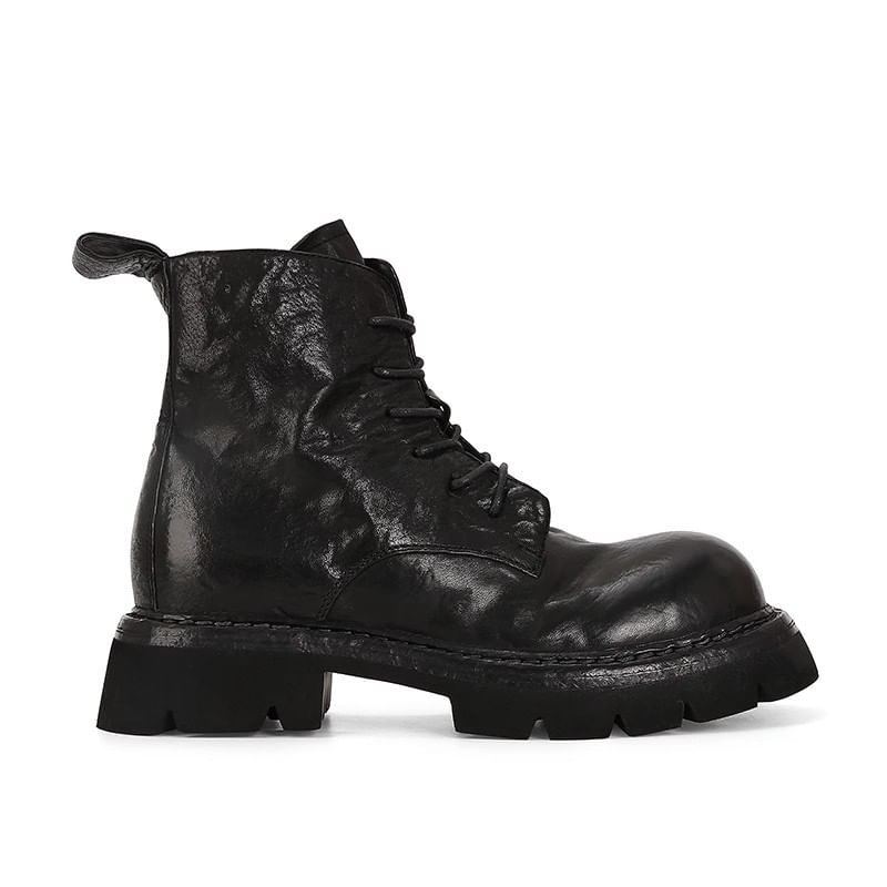 Plain Leather Platform Lace-Up Boots Genuine Short