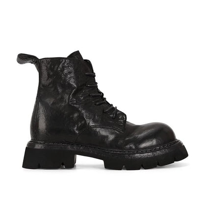 Plain Leather Platform Lace-Up Boots Genuine Short