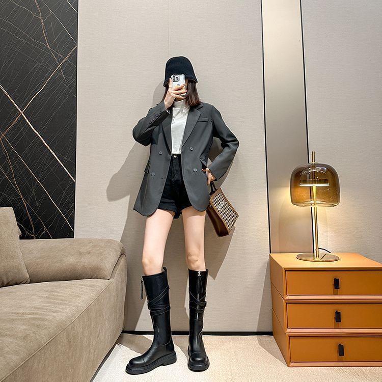 Buckled Boots Plain Zip-Up Leather Faux Tall Platform