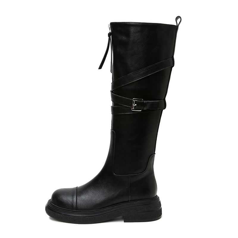 Buckled Boots Plain Zip-Up Leather Faux Tall Platform