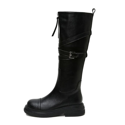 Buckled Boots Plain Zip-Up Leather Faux Tall Platform