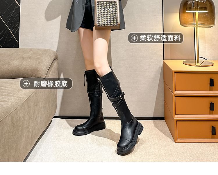 Buckled Boots Plain Zip-Up Leather Faux Tall Platform