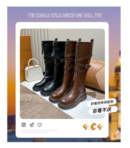Buckled Boots Plain Zip-Up Leather Faux Tall Platform