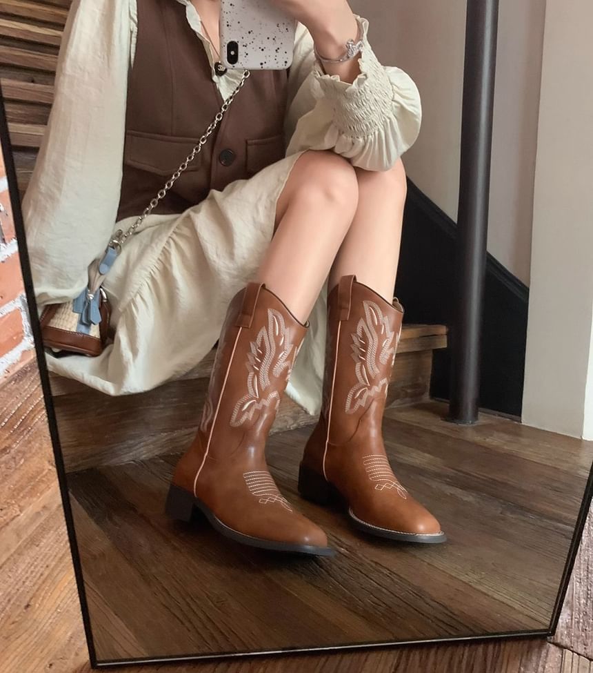 Cowboy Embroidered Leather Faux Chunky Mid-Calf Heel Boots